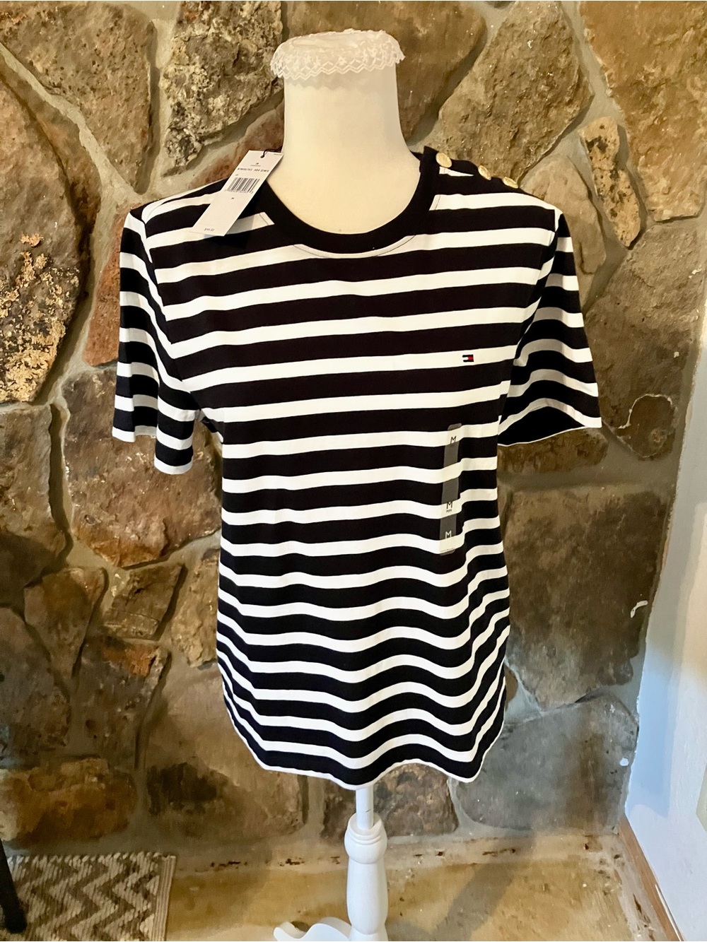 Tommy Hilfiger Black & White Striped Short Sleeve Tee with Gold Buttons